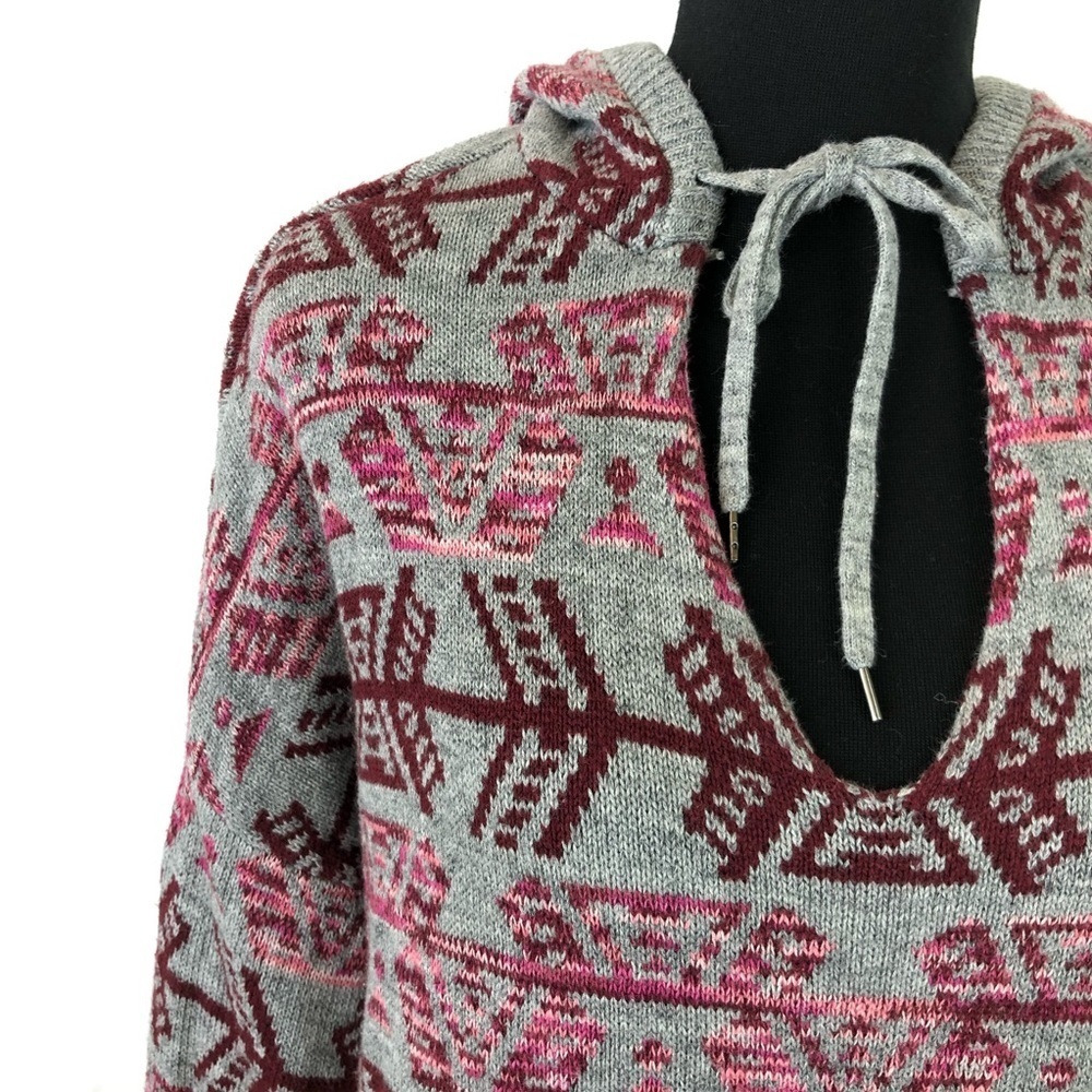 American Eagle Tribal Baja Hoodie Sweater Pullover Boxy Cotton Gray Red XL Boho - Picture 2 of 7